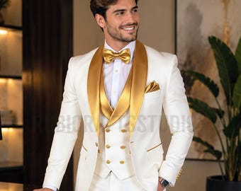 Men's White 3 Piece Tuxedo Suit With Golden Lapel Groomsmen Luxury prom Dinner Suits
