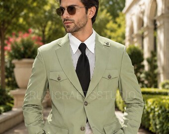 Men's Jodhpuri Safari Suit: Sage Green 2-Piece Prom Wedding Attire
