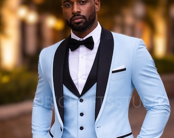 Ice Blue Luxury Suits 3 Piece Men Tuxedo Suit African Party Outfits
