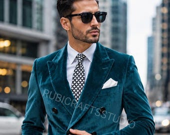 Men's Teal Blue Velvet Suit Double Breast 2 Piece Stylish Party Dinner Suits