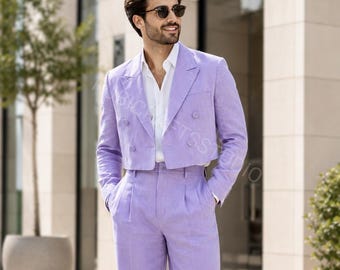 Men's Lavender Linen Formal Suits Double Breast 2 Piece Party Wear Dinner Set