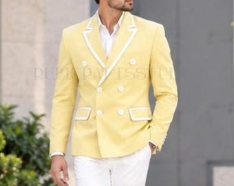 Costume smoking blanc et jaune clair pour homme, coupe ajustée, tenue de cérémonie pour mariage