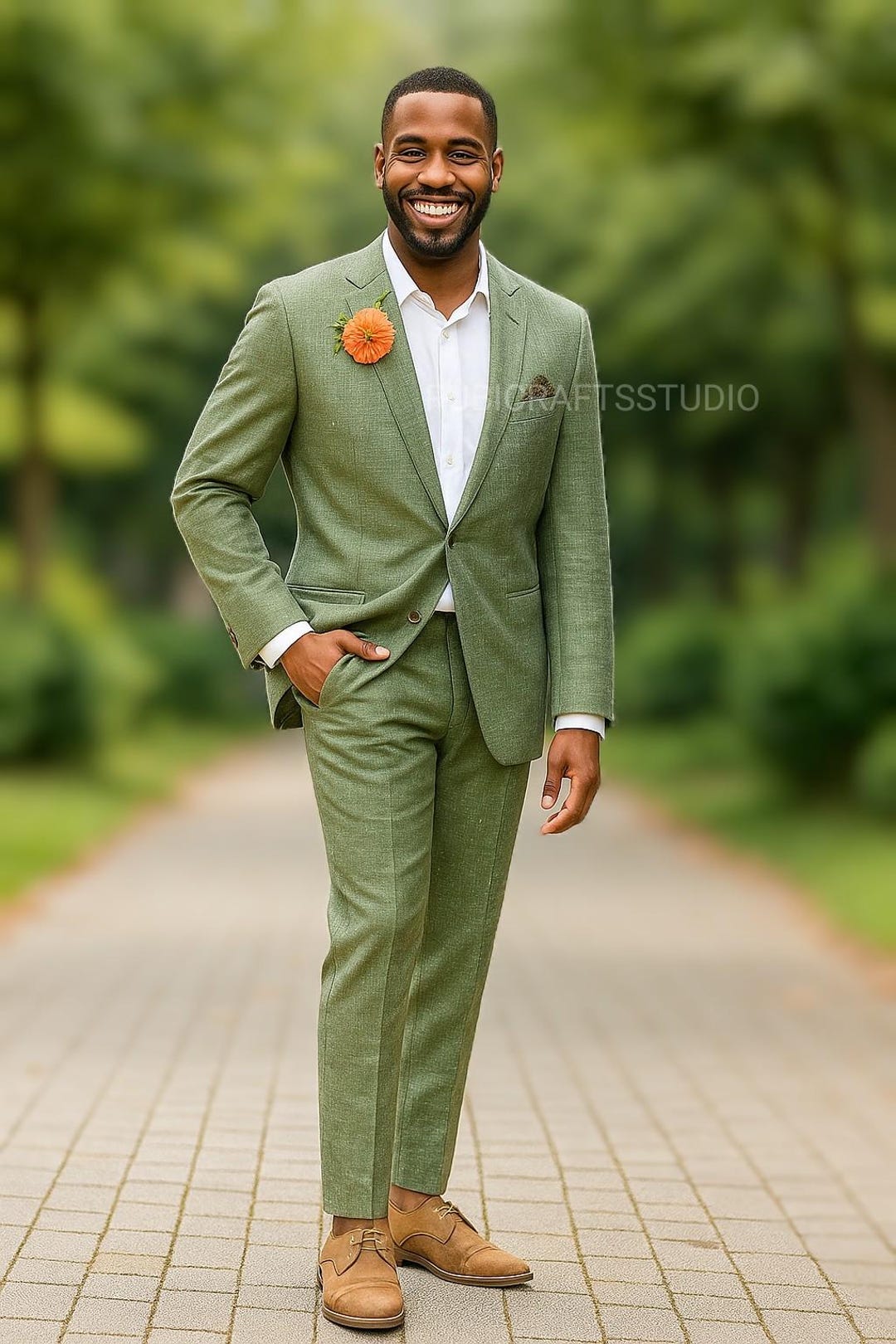 Olive Green Linen Suit 2 Piece Formal Wear Summer Suit for Men Dinner — free download