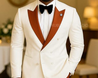 Men's Rust & Off' White Tuxedo Suit : Groom 2 Piece Slim Fit Wedding Party Suits
