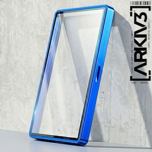 May include: A blue rectangular phone case with a clear screen protector. The case has a metallic finish and a slim design. The text "ARKIV3" is printed on the right side of the case.