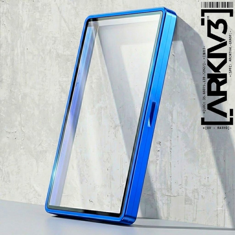 May include: A blue rectangular phone case with a clear screen protector. The case has a metallic finish and a slim design. The text "ARKIV3" is printed on the right side of the case.