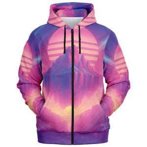 Vaporwave Art Zip Hoodie: Seamless Graphic Fleece Lined