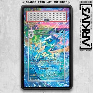 May include: A rectangular black protective case containing a Frogadier trading card with a blue frog-like creature illustration, water effects, and text including Summoning Jutsu and Aqua Edge. The top label reads PSA and the case is marked ARKNV3.