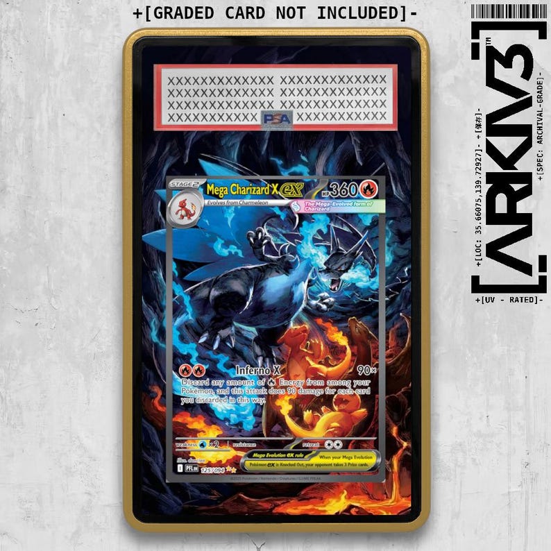 May include: A graded Mega Charizard EX trading card in a gold-colored case. The card features a fiery illustration of a dragon-like creature with blue and black accents. The card is labeled with text and numbers.