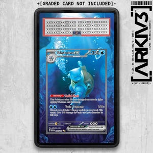 May include: A Blastoise ex trading card encased in a black protective slab. The card features a blue turtle-like creature underwater with 330 HP, the Solid Shell ability, and Twin Cannons attack. Text includes +[GRADED CARD NOT INCLUDED]- and ARKNV3.