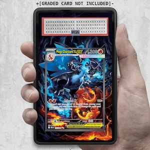 May include: A Pok&eacute;mon trading card featuring Mega Charizard X EX. The card has a fiery background with a blue and black Charizard illustration. The card is encased in a protective holder.