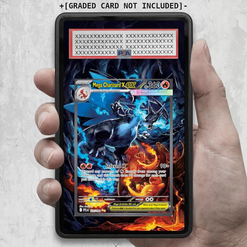 May include: A Pok&eacute;mon trading card featuring Mega Charizard X EX. The card has a fiery background with a blue and black Charizard illustration. The card is encased in a protective holder.