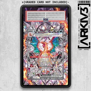 May include: A Charizard ex trading card encased in a black protective slab. The card features a holographic illustration of a dragon-like creature with wings, set against a diamond-patterned background. Text includes Charizard ex, 330 HP, and Infernal Reign.