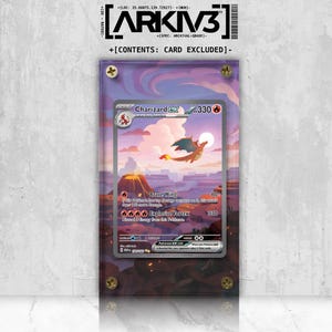 May include: A Charizard EX Pokémon card, encased in a clear acrylic holder, is displayed. The card features a vibrant illustration of a flying Charizard over a volcanic landscape. The holder is secured with four gold-colored screws.