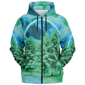 Minty Vaporwave Zip Hoodie: Seamless Graphic Fleece Lined