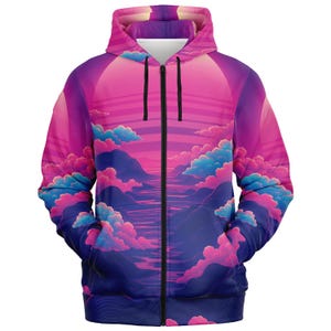 Vaporwave Zip Hoodie: Seamless Graphic Fleece Lined Streetwear