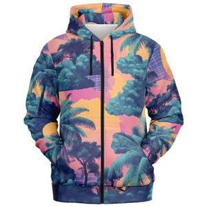 Vaporwave Art Zip Hoodie: Seamless Graphic Fleece Lined