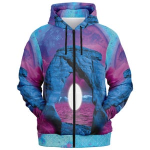 Vaporwave Art Zip Hoodie: Seamless Graphic Design, Brushed Fleece