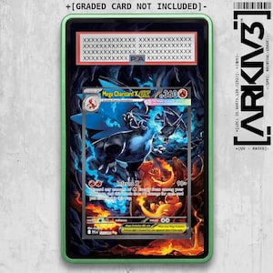 May include: A Mega Charizard EX trading card, encased in a protective holder. The card features a fiery illustration of Charizard, with the text "Inferno X" and "360" visible. The holder has a green border and the text "ARKIV3" is on the right side.