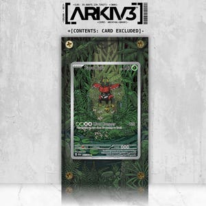 May include: A rectangular protective display case featuring a green jungle-themed graphic with a central cutout for a trading card. The top text reads ARKIV3 and the bottom text states CONTENTS: CARD EXCLUDED. Four gold screws secure the frame.