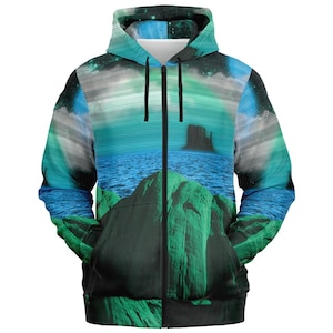 Vaporwave Zip Hoodie: Seamless Graphic Fleece Lined Streetwear
