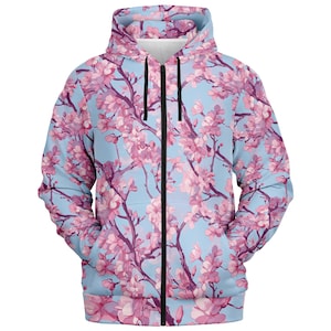 Vaporwave Cherry Blossom Zip Hoodie: Seamless Graphic Fleece Lined