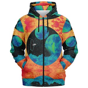 Vaporwave Art Zip Hoodie: Seamless Graphic Fleece Lined