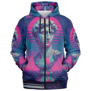 Vaporwave Art Zip Hoodie: Seamless Graphic, Brushed Fleece