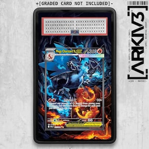 May include: A black plastic slab containing a Mega Charizard X EX trading card. The card features a dark dragon-like creature surrounded by blue flames and orange fire. Text on the card includes Mega Charizard X EX, 360 HP, and Inferno X.