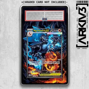 May include: A graded Mega Charizard EX trading card, encased in a protective holder. The card features a vibrant illustration of a blue and black Charizard with fiery accents. The holder has text at the top and right side, including "ARKIV3".