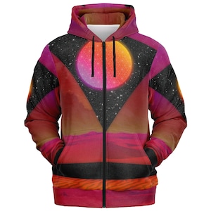 Vaporwave Art Zip Hoodie: Seamless Graphic Design, Brushed Fleece