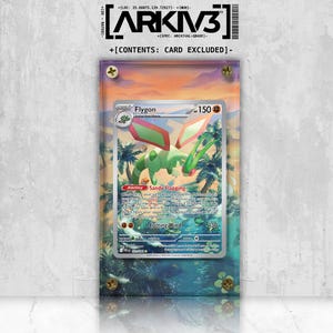 May include: A Flygon Pokémon card, stage 2, with a green and red design, is displayed in a clear acrylic case. The card features the text "Flygon" and "150". The case is mounted with gold screws against a colorful background.