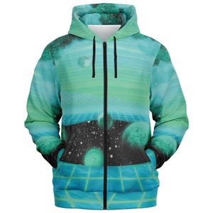Vaporwave Art Zip Hoodie: Seamless Graphic, Brushed Fleece
