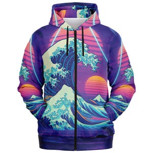 Vaporwave Zip Hoodie: Seamless Graphic Fleece Lined Streetwear