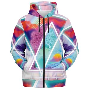 Vaporwave Art Zip Hoodie: Seamless Graphic, Brushed Fleece