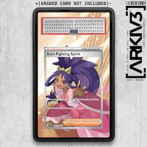 May include: A collectible trading card titled Iris's Fighting Spirit encased in a black protective slab. The card features a purple-haired character in a pink dress, with text detailing game rules. The slab has a label with the text ARKNV3.