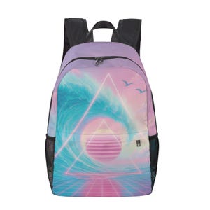 Vaporwave Backpack: 90s Retro Grid Design, 1200D Nylon