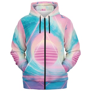 Vaporwave Art Zip Hoodie: Seamless Graphic Fleece Lined