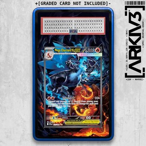 May include: A framed Mega Charizard EX trading card. The card features a blue and black dragon with flames. The frame is blue with white text at the top and right side. The card is labeled "Inferno X".
