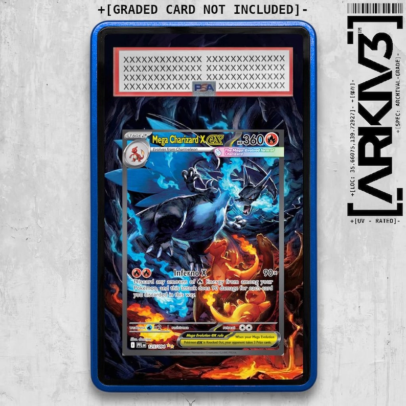 May include: A framed Mega Charizard EX trading card. The card features a blue and black dragon with flames. The frame is blue with white text at the top and right side. The card is labeled "Inferno X".