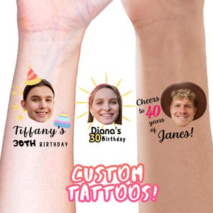 Custom Face Tattoos, Birthday Tattoos, Custom Temporary Tattoos, Party Favor, Tattoo Gift, Milestone Birthday, Christmas Halloween Tattoos