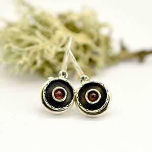 Garnet sterling silver earrings, small garnet earrings, dangle earrings vintage style short round earrings, garnet jewelry, gift for her
