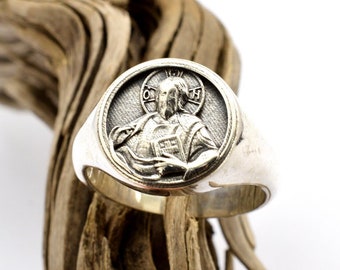 sterling silver signet ring Jesus face , handmade heavy ring size 9, religious jewelry for men or women