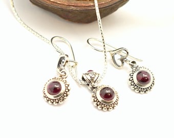 Granaatsieradenset sterlingzilveren oorbellen en hanger: antieke stijl granaatoorbellen en ketting januari-geboortesteen