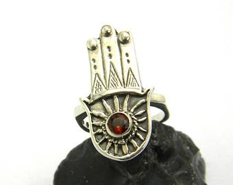 Ring Fatima hand sterling silver garnet ring hamsa silver ring handmade 925 silver amulet, gift for her ring size 6