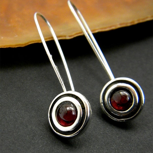 Garnet earrings sterling silver, modernist earrings, disc dangle earrings - long ear wires  January birthstone, garnet jewelry