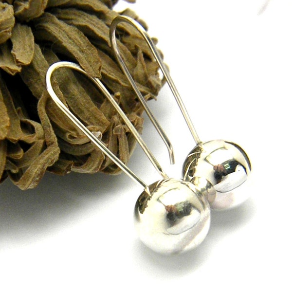 Sterling silver ball earrings, dangle ball earrings, Long contemporary earrings 12 mm shiny silver bead , simple jewelry, modernist gift