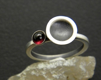 Small garnet ring sterling silver matte finish ring dome disc cup January birthstone, garnet jewelry, contemprorary ring gift for her