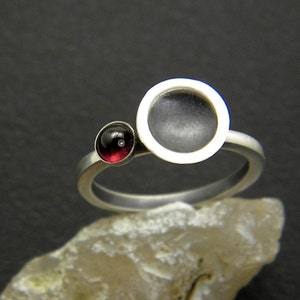 Small garnet ring sterling silver matte finish ring dome disc cup January birthstone, garnet jewelry, contemprorary ring gift for her