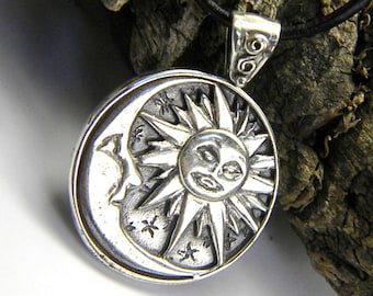 Sun and moon silver pendant, moon and sun sterling silver necklace in black leather, celestial jewelry, big medallion sun moon jewelry